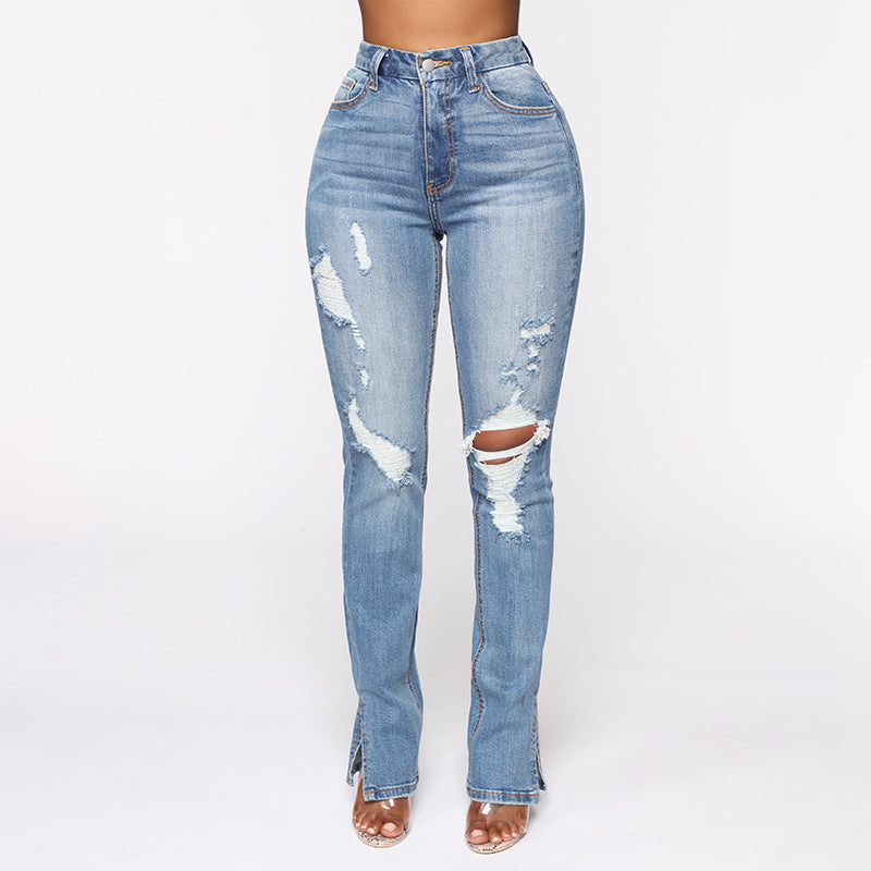 split jeans women arrival blue washed ripped high waist stretch jeans
