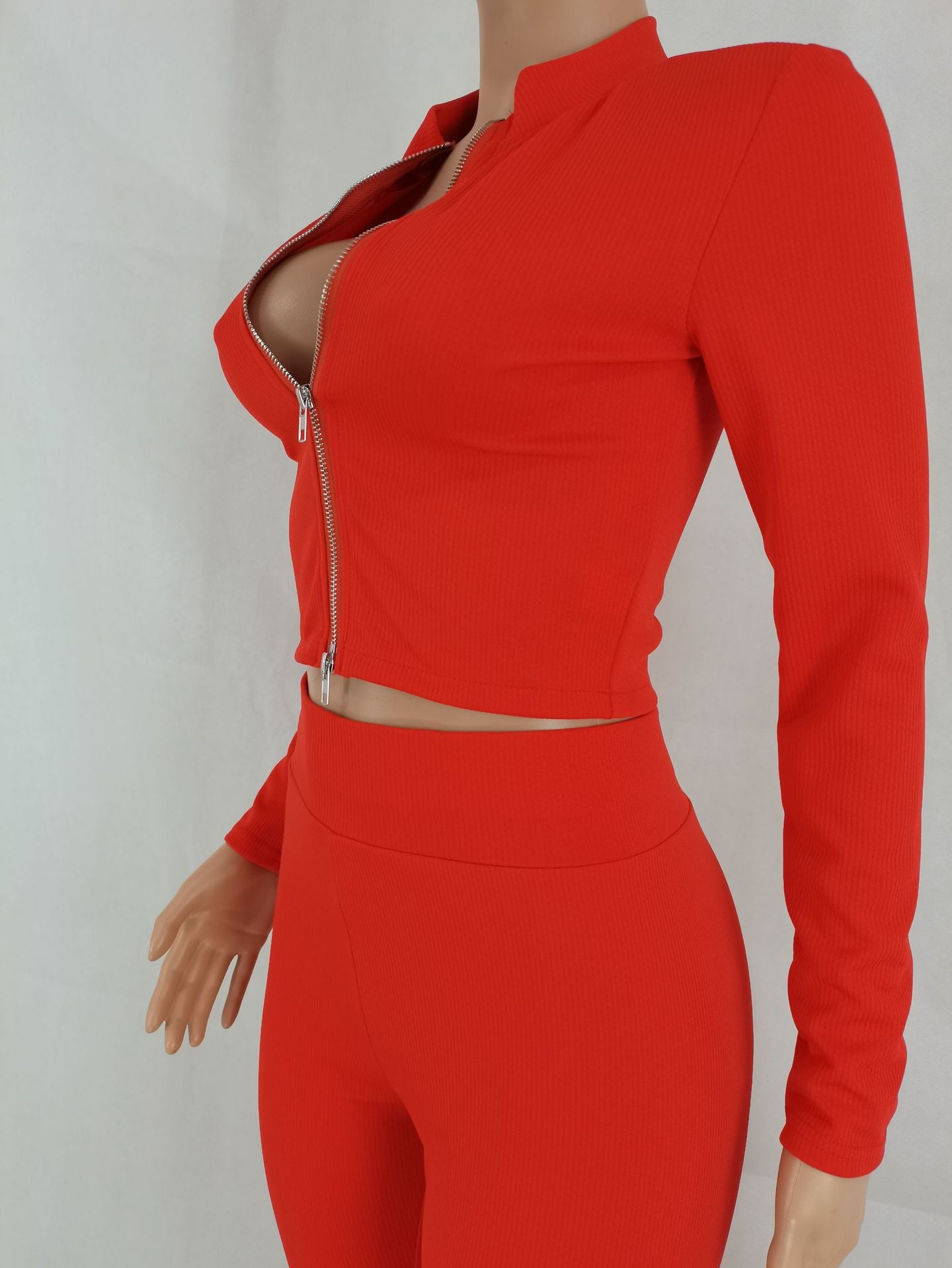 women clothing solid color double zipper sunken stripe two piece set women clothing