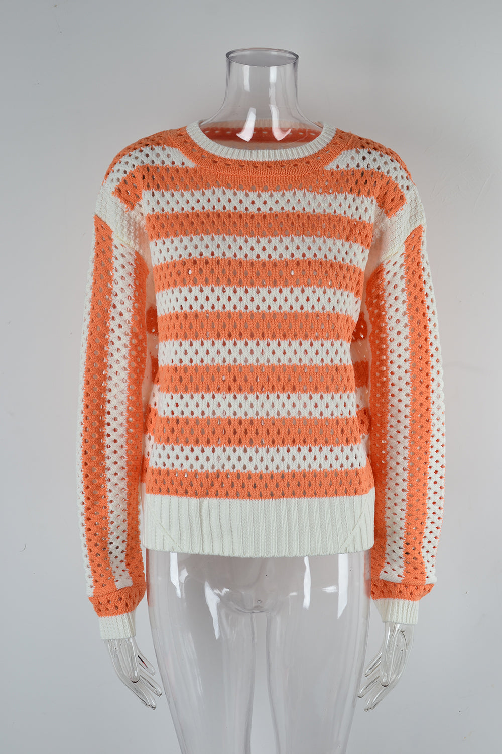 early autumn women hollow out cutout striped crew neck long sleeves knitwear oversized pullover