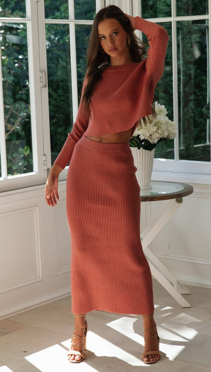 FZ Women's Knitted Slit Maxi Sweater Skirt Suit - FZwear