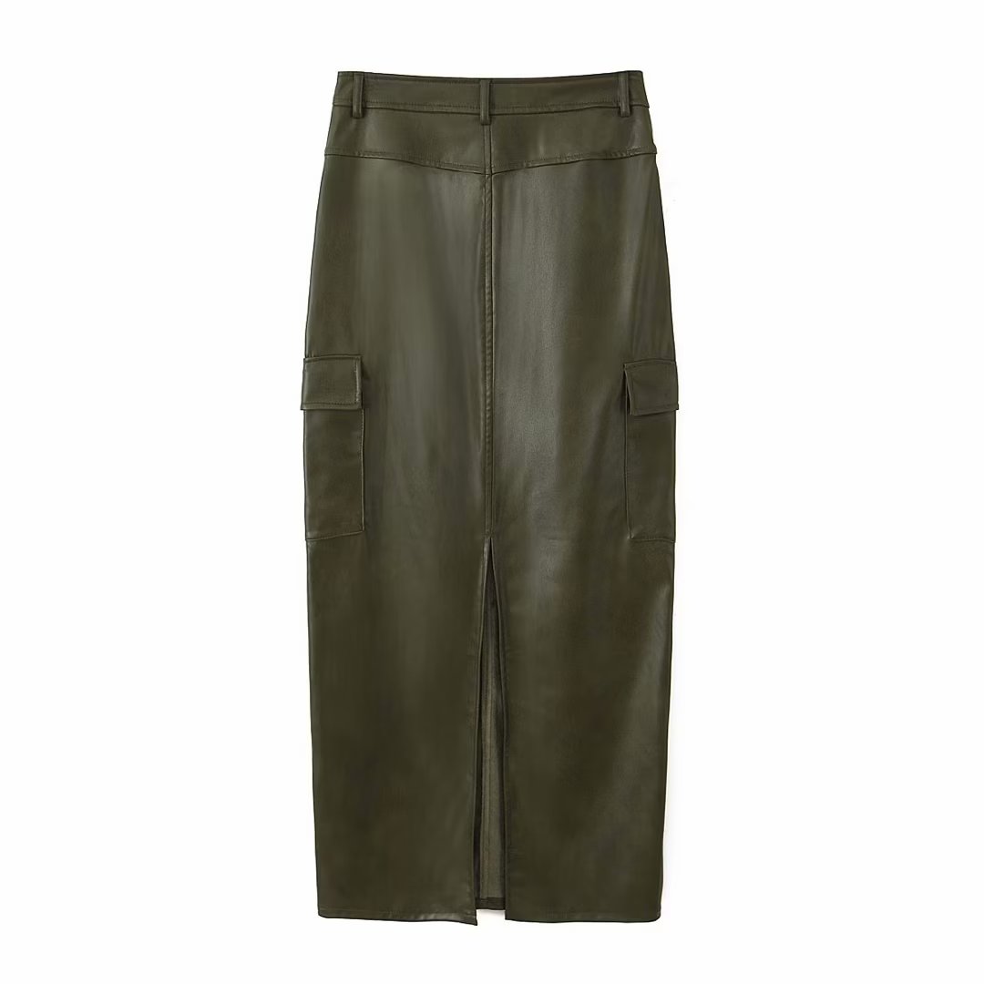 FZ Women's Elegant Faux Leather High Waist Niche Split Skirt