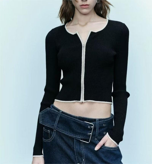 FZ Women's  Slim Fit Patchwork Zipper Sweater Top