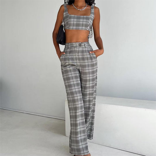 FZ Women's Urban Plaid Suspender Two Piece Pants Suit
