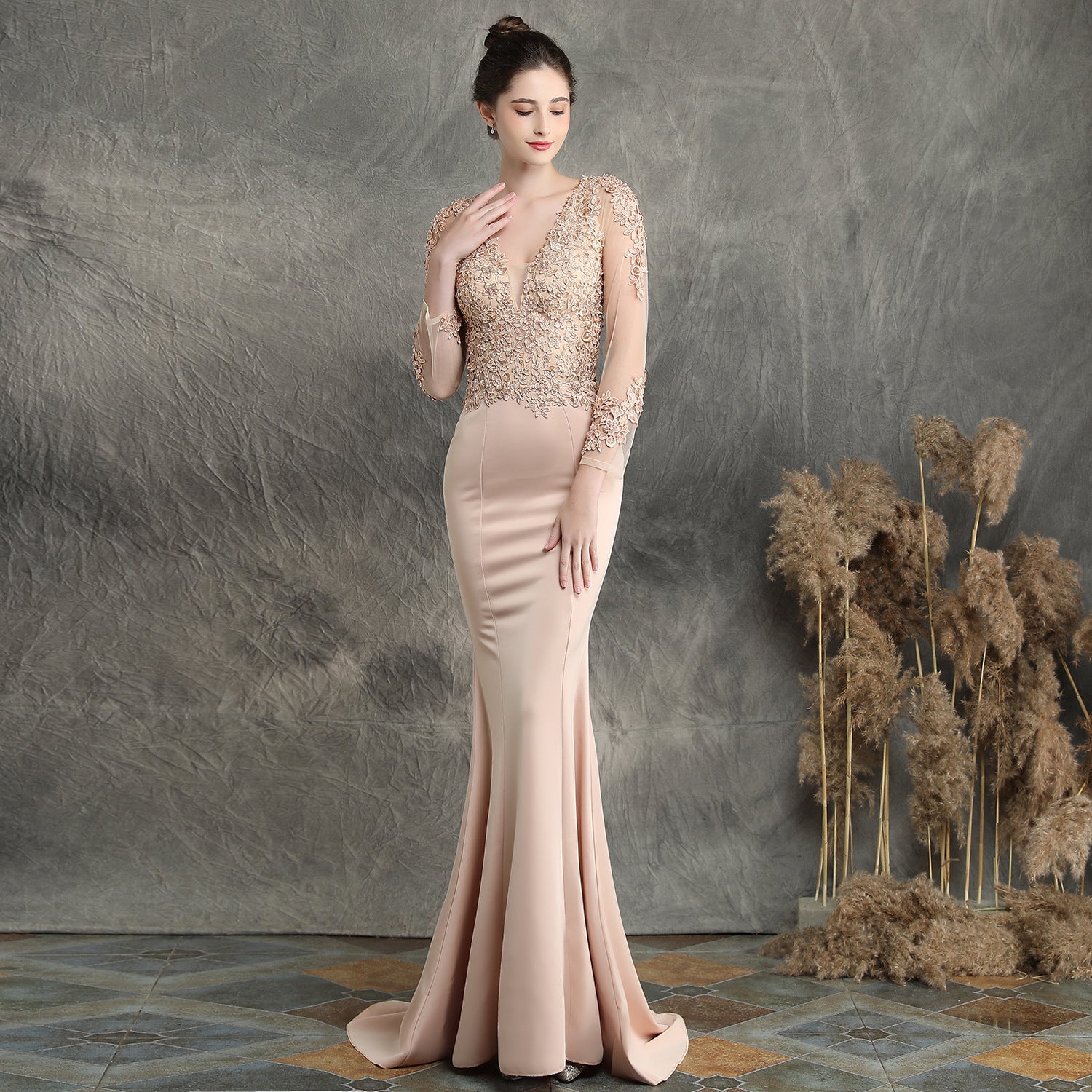 handmade applique beaded toast dress bride long long sleeve appreciation dinner fishtail  wedding evening dress formal gown