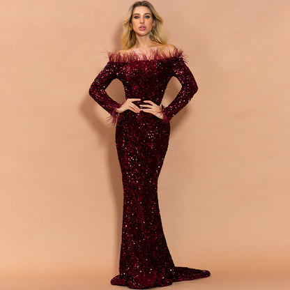 sequined evening dress women sexy off shoulder feather long sleeve party maxi dress
