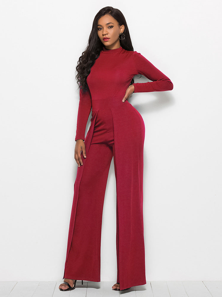 long sleeve mock neck wide leg jumpsuit