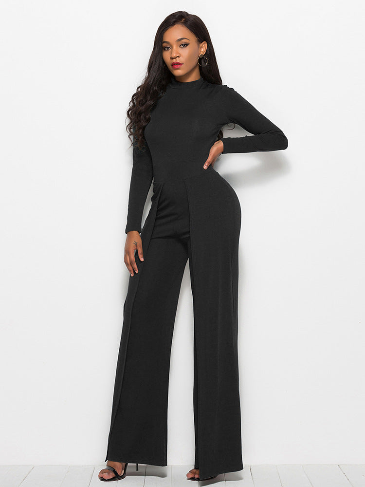 long sleeve mock neck wide leg jumpsuit