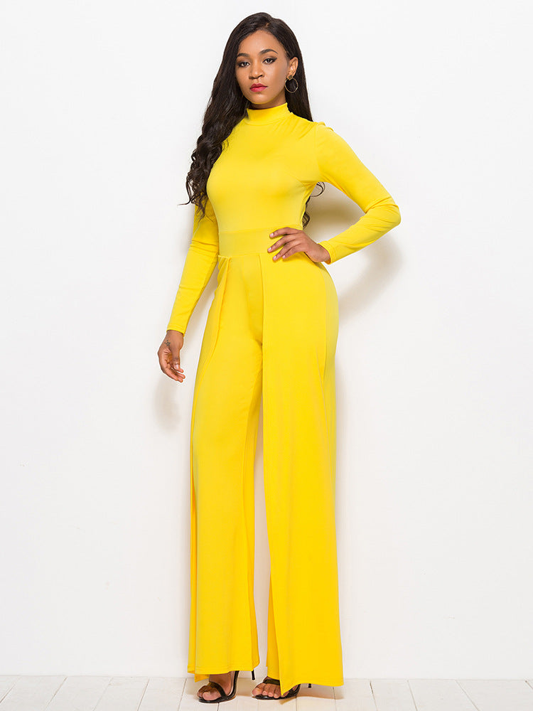 long sleeve mock neck wide leg jumpsuit