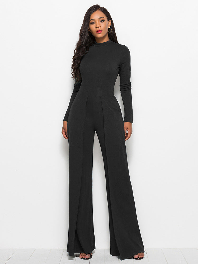 long sleeve mock neck wide leg jumpsuit