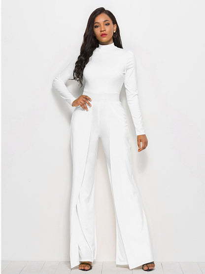 long sleeve mock neck wide leg jumpsuit