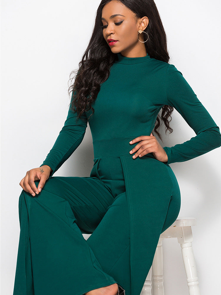 long sleeve mock neck wide leg jumpsuit