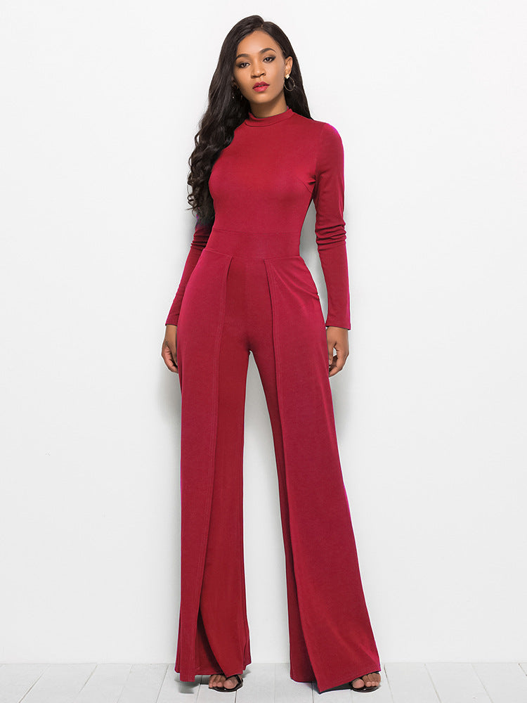 long sleeve mock neck wide leg jumpsuit