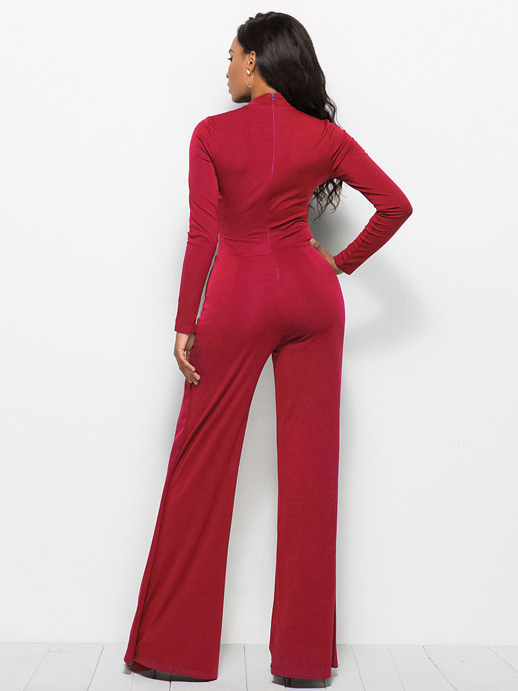 long sleeve mock neck wide leg jumpsuit