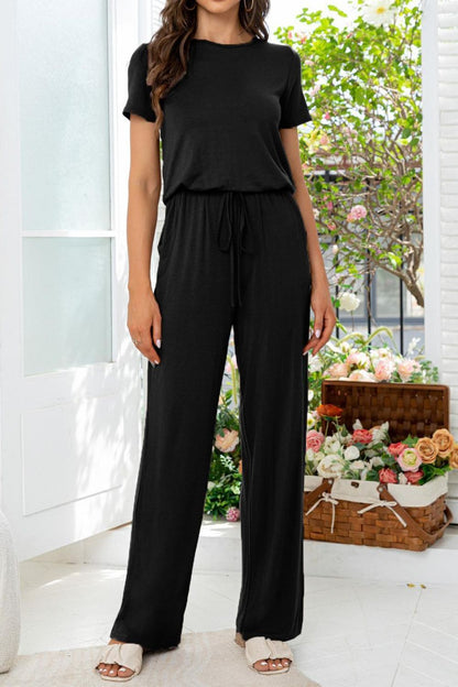 round neck open back jumpsuit with pockets