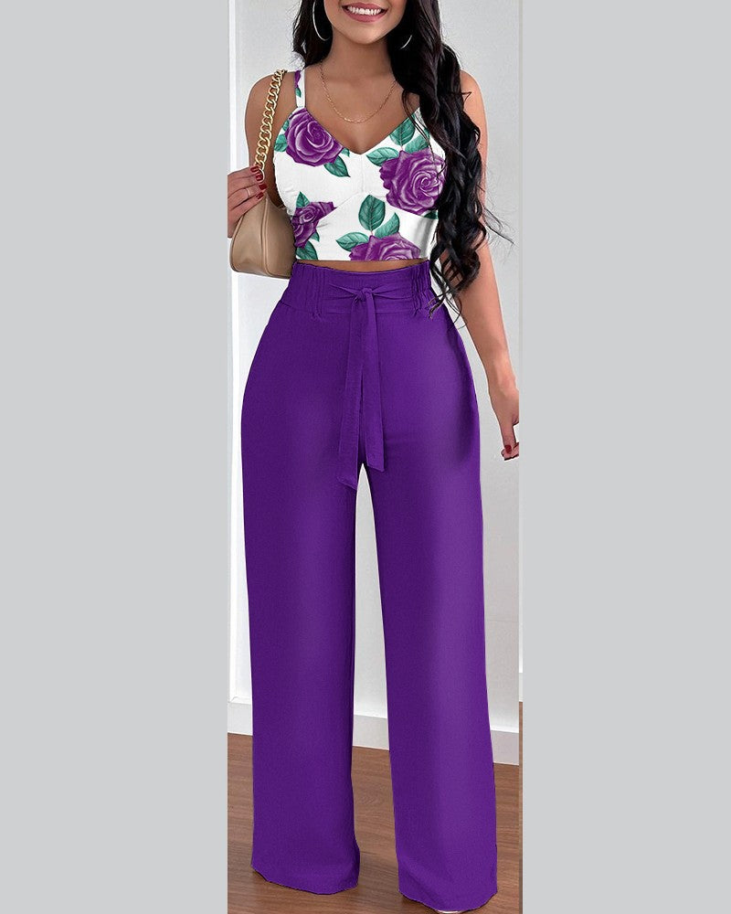 FZ Women's Floral Print Shirred Crop Top & High Waist Pants Suit