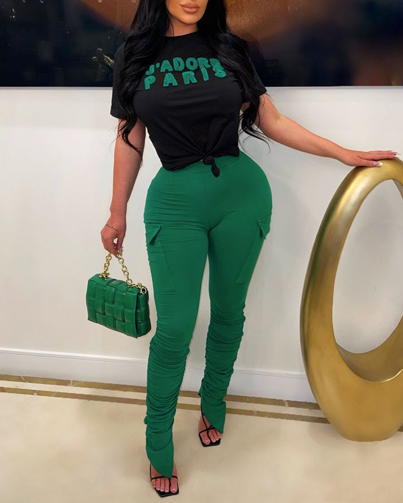 FZ Women's Letter Print High Waist Pants Set - FZwear