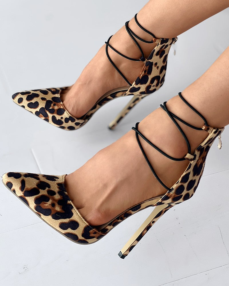 FZ Women's Cheetah Print Lace-up Stiletto Heel Shoes