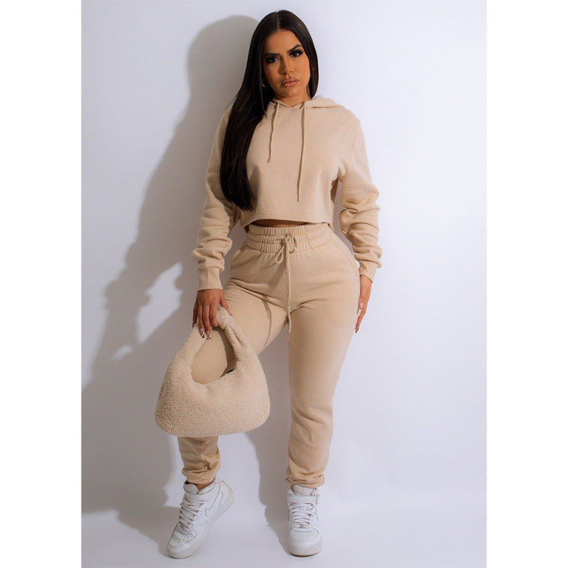 women's solid color casual hooded sweatshirt suits