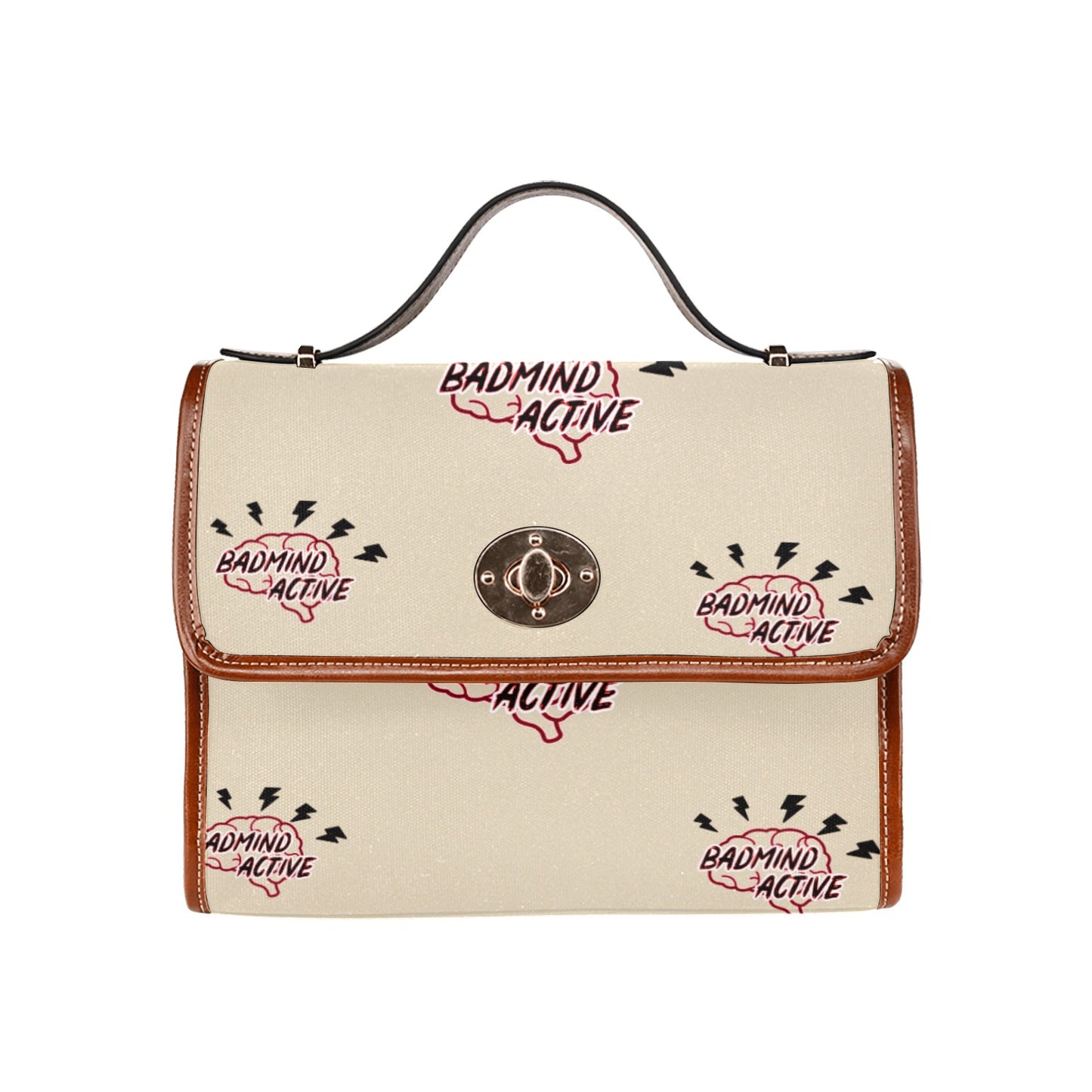 fz mind handbag one size / fz - mind bag-creme all over print waterproof canvas bag(model1641)(brown strap)