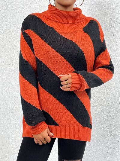 FZ Women's Striped Turtleneck Dropped Shoulder Sweater - FZwear
