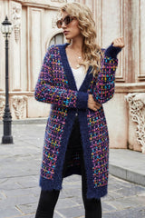 multicolored ribbed trim open front cardigan with pockets