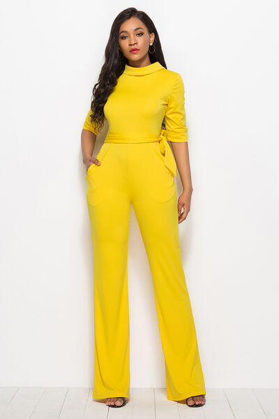 FZ WOmen's Mock Neck Tie-Waist Half Sleeve Jumpsuit - FZwear