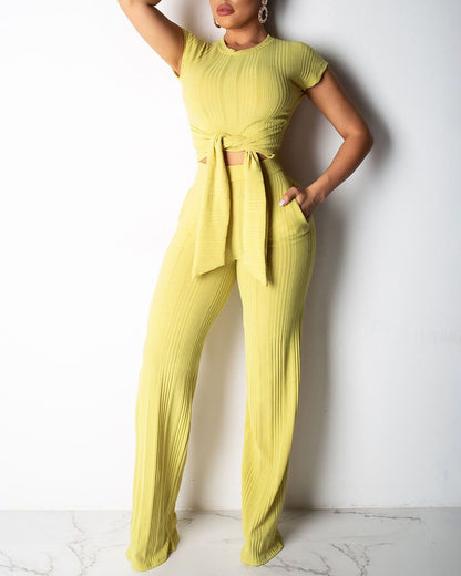 FZ Women's Tied Detail Crop Top & Wide Leg Pants Suit FZwear