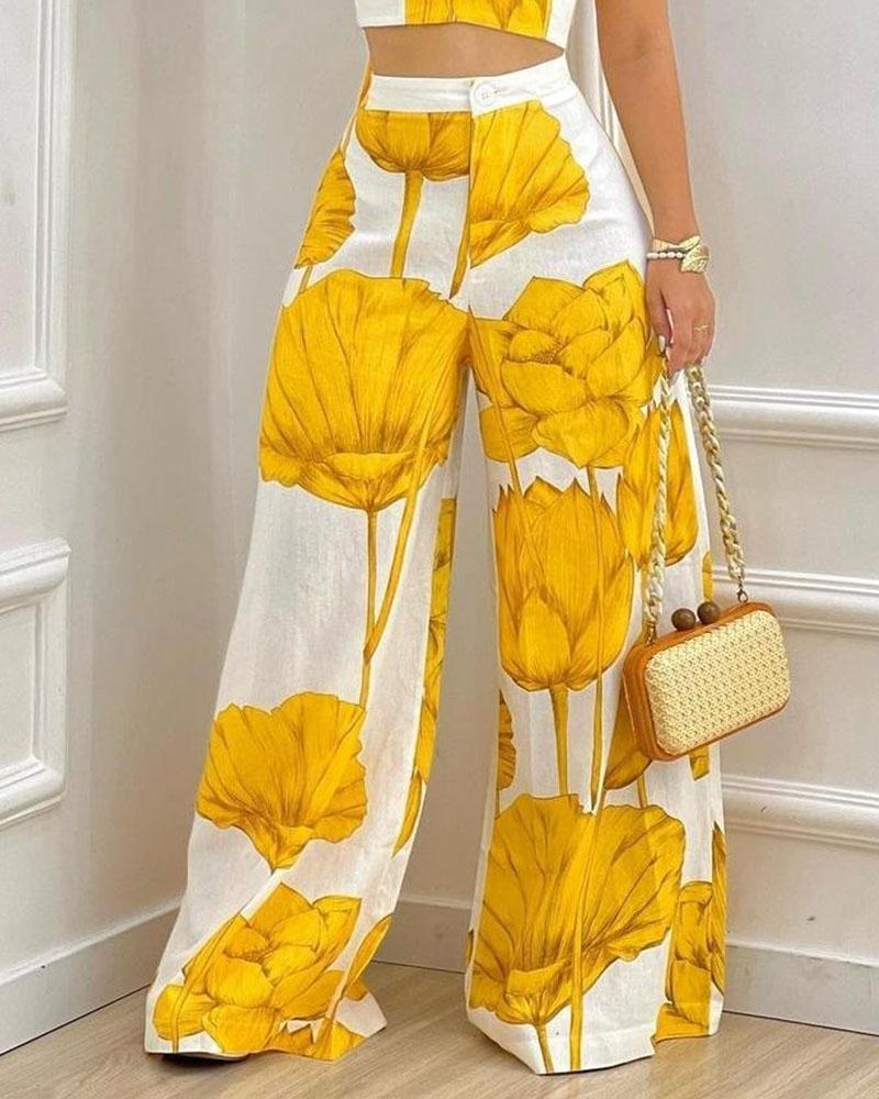 FZ Women's Plants Print  Wide Leg Pants Suit - FZwear