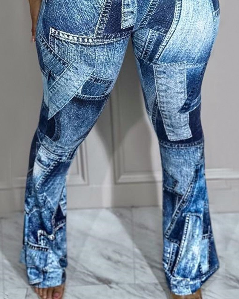 FZ Women's Denim Look Print High Waist Pants - FZwear