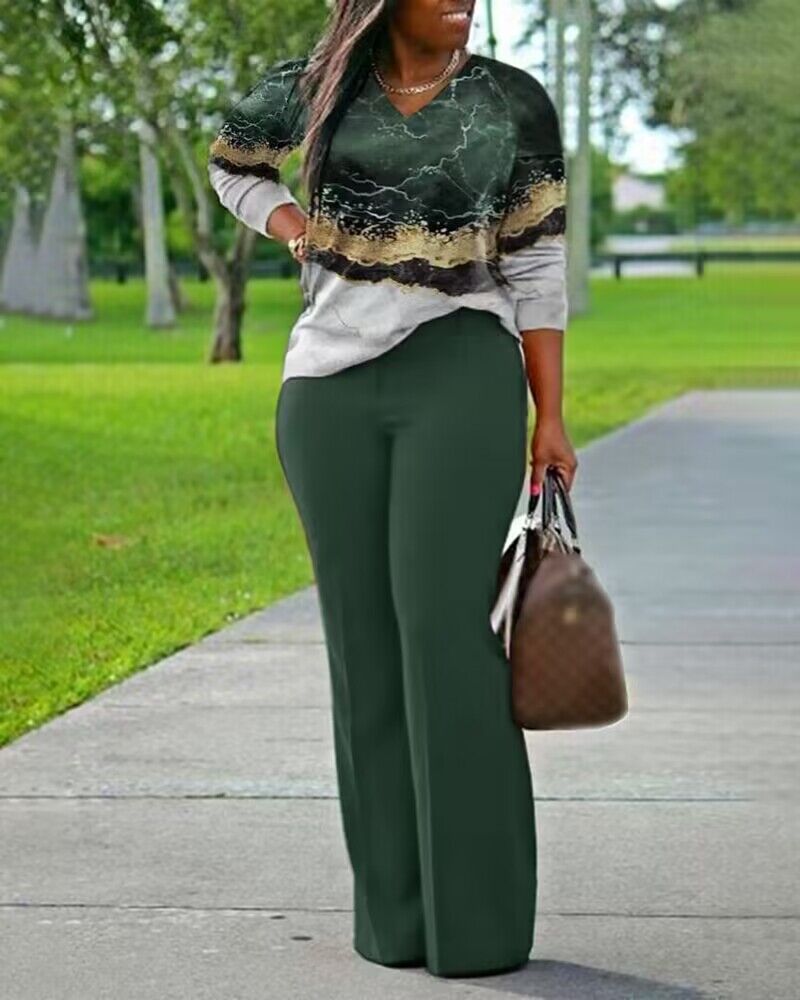 FZ Women's Plus Size Marble Print High Waist Pants Suit - FZwear