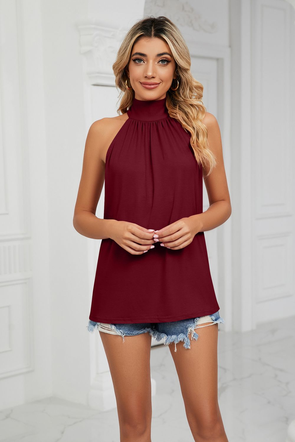 gathered detail tied sleeveless top