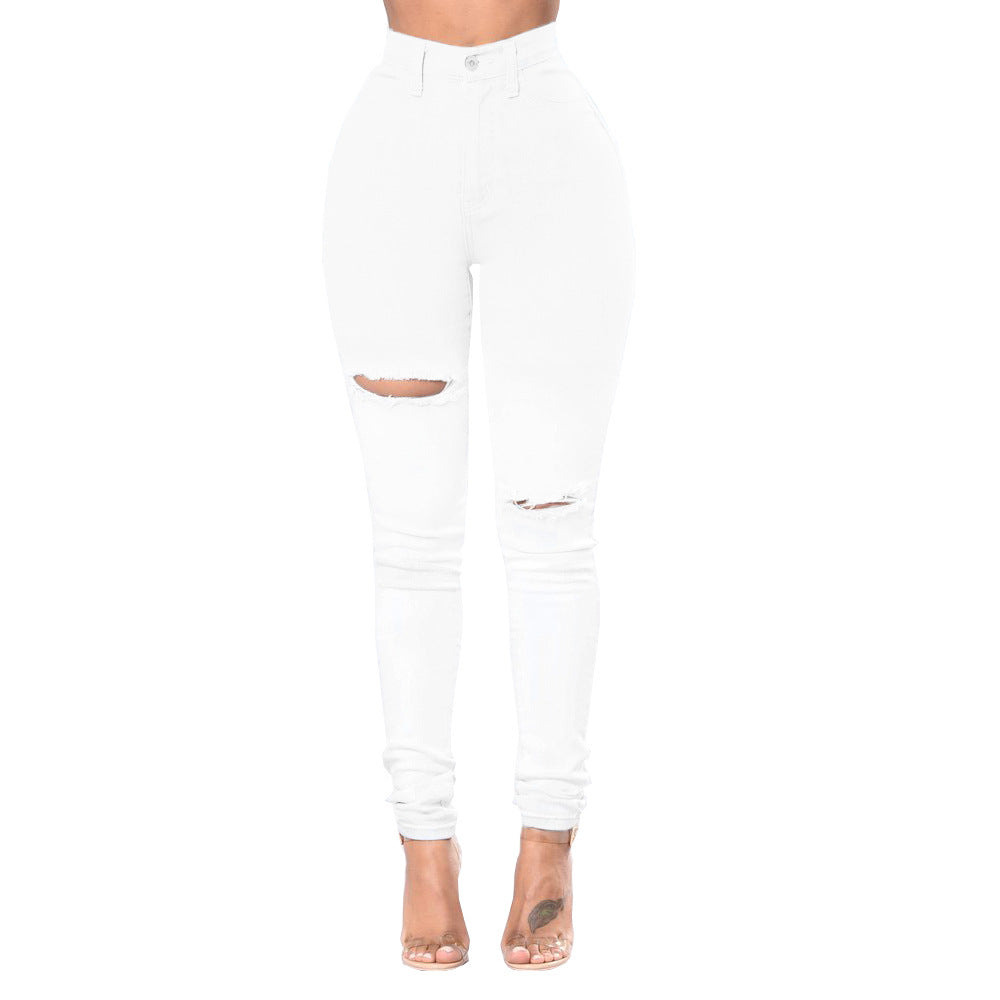white high-waist ripped jeans  plus size women pants