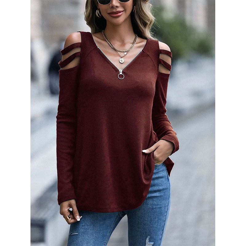 women's off shoulder zipper long sleeve waffle t-shirt top