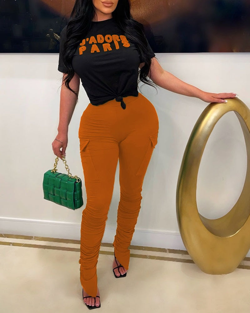 FZ Women's Letter Print High Waist Pants Set - FZwear