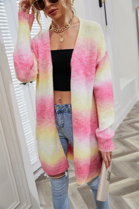 sweater rainbow tie-dye mid-length oversized cardigan pocket knit jacket