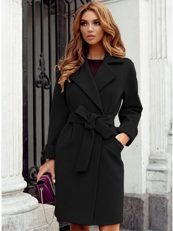 women's slim-fitting belt lapel tweed coat