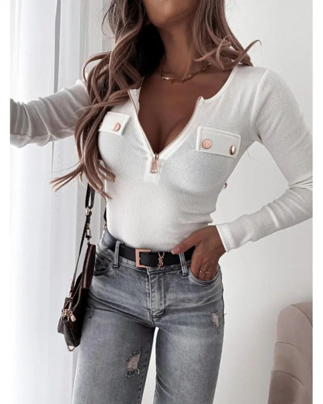 women'ssolid color slim fit long sleeve zip tops