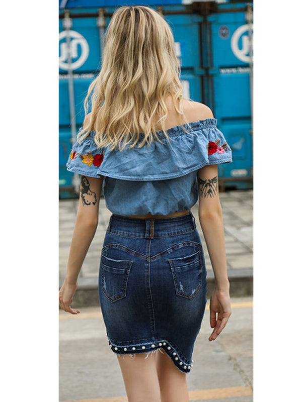 women's irregular beaded pearl denim midi skirt