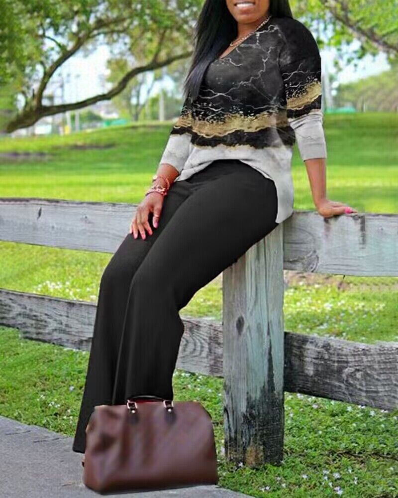 FZ Women's Plus Size Marble Print High Waist Pants Suit - FZwear