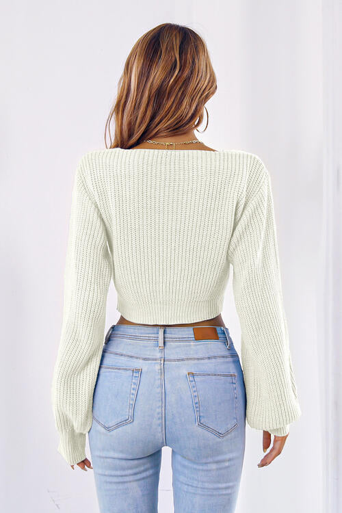 FZ Women's Bow V-Neck Long Sleeve Cropped Sweater Top - FZwear