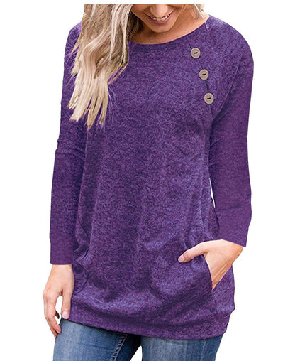 fz women's blouse long sleeve button decoration pullover tee purple / l