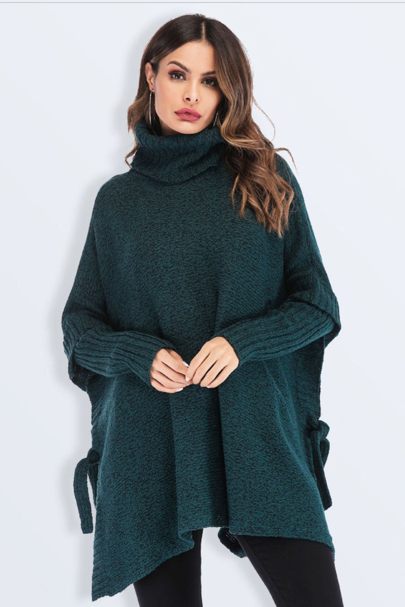 tied turtleneck asymmetrical hem sweater