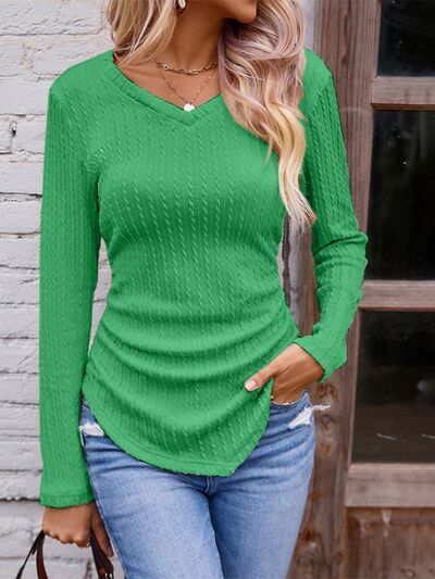FZ Women's Textured Ruched V-Neck Long Sleeve Tee