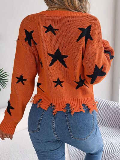 FZ Women's Star Pattern Distressed V-Neck Cropped Sweater Top - FZwear