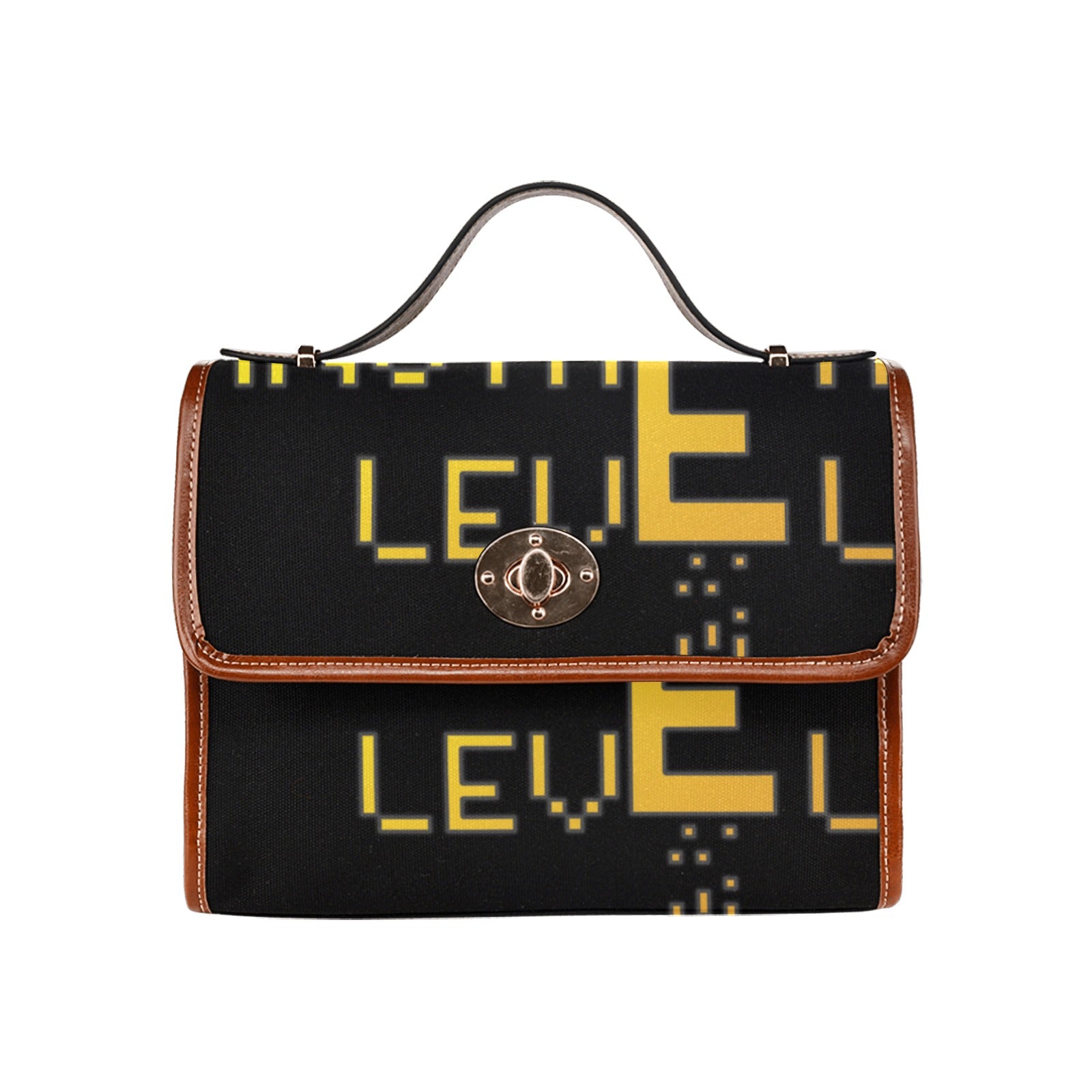 fz yellow levels handbag one size / fz - levels bag-black all over print waterproof canvas bag(model1641)(brown strap)