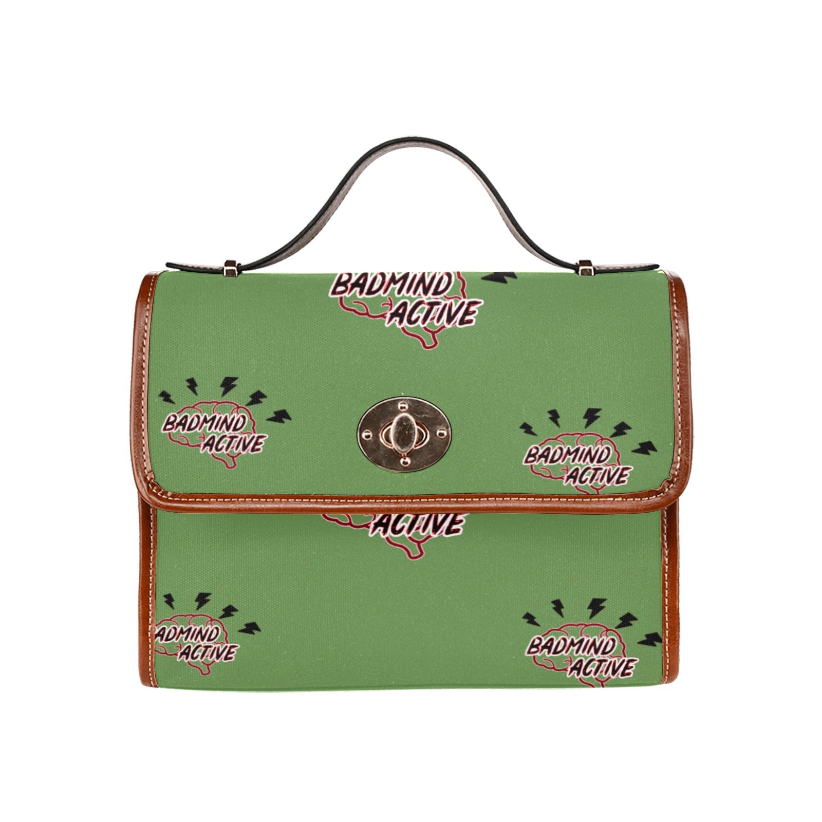 fz mind handbag one size / fz - mind bag-green all over print waterproof canvas bag(model1641)(brown strap)