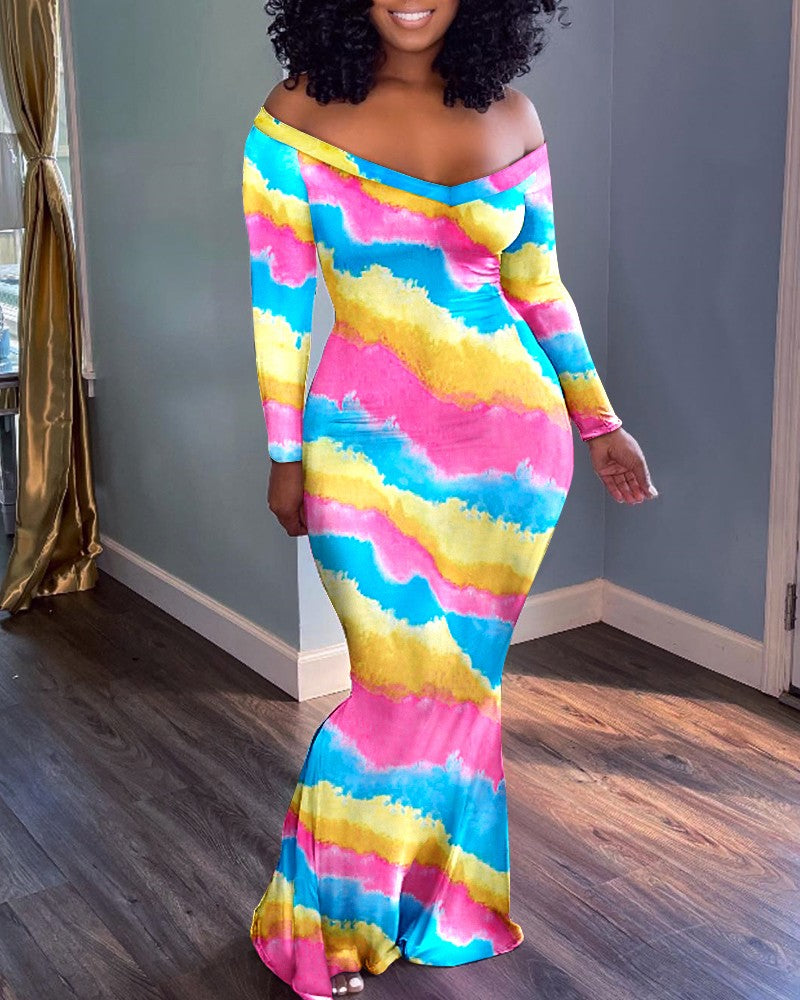 FZ Women's Tie Dye Print Off Shoulder Mermaid Sun Dress - FZwear