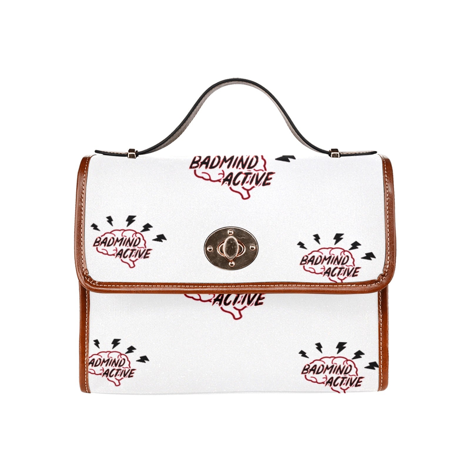 fz mind handbag one size / fz - mind bag-white all over print waterproof canvas bag(model1641)(brown strap)