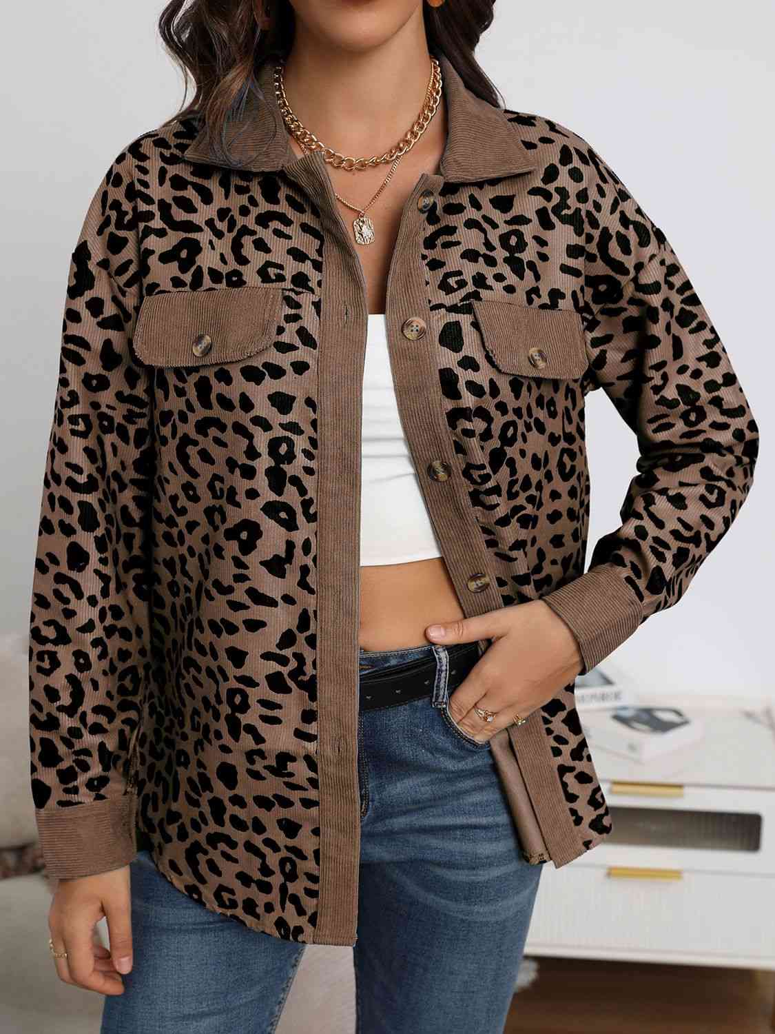 FZ Women's Full Size Leopard Buttoned Jacket - FZwear