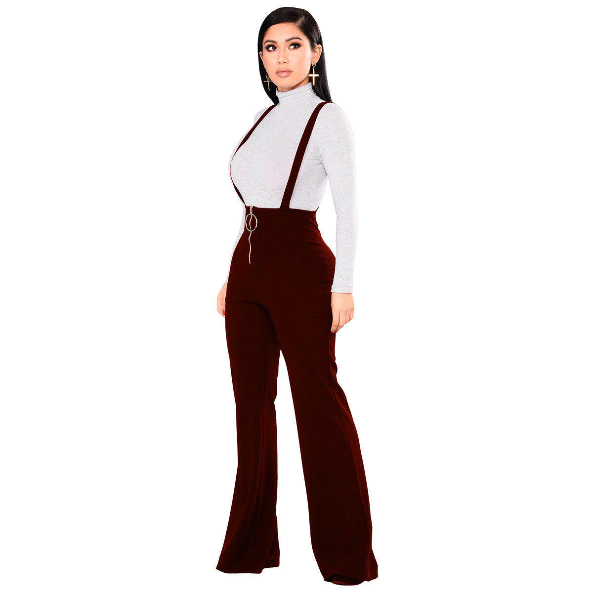 high waist large round buckle zipper horn leg suspenders large